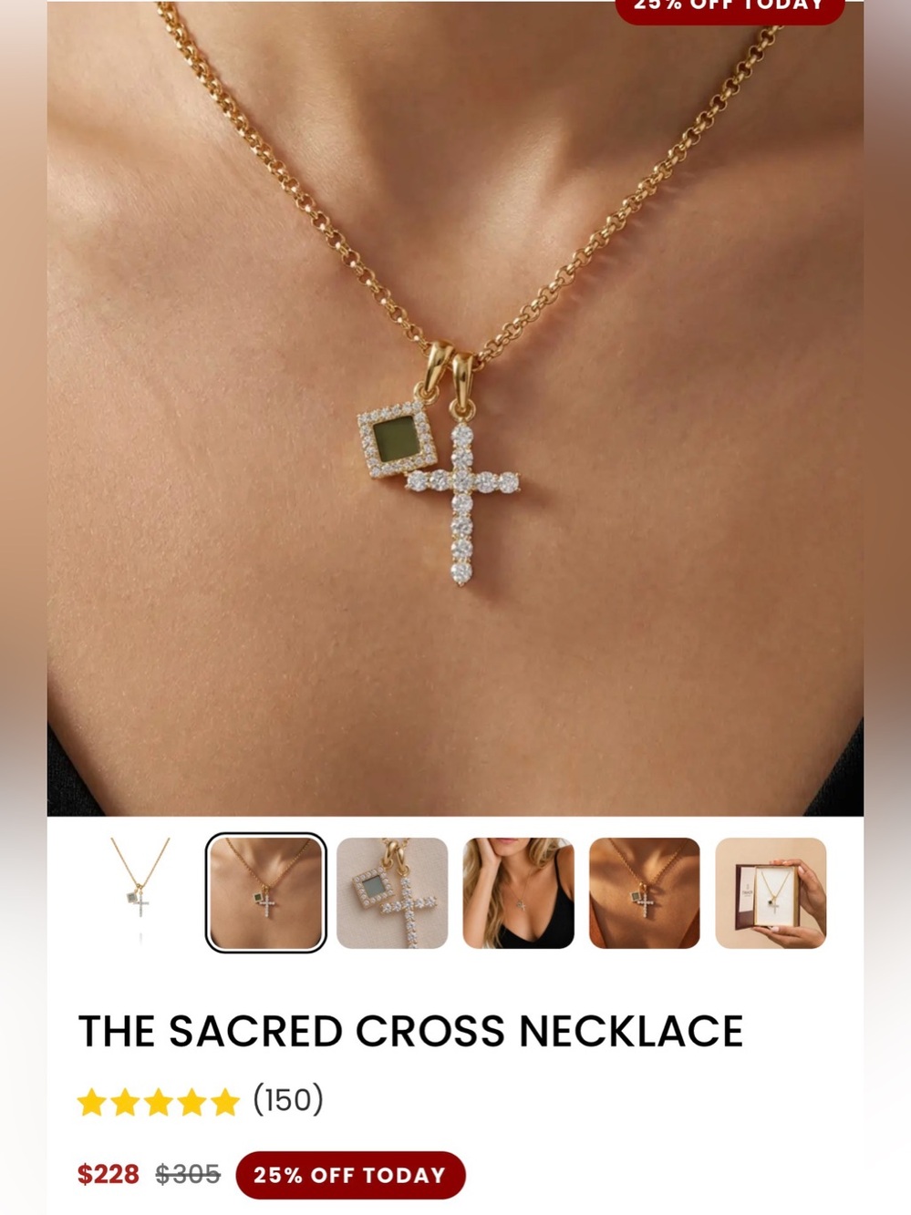 Gold Crystal Cross Pendant Necklace with Square Charm